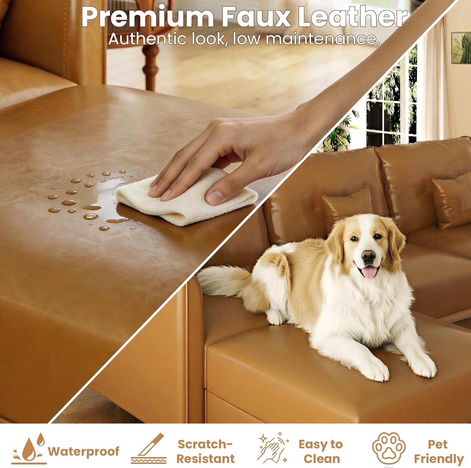 LLappuil 5-Seater L-Shaped Sectional Modular Sofa with Storage, Deep Seat Faux Leather Couches for Living Room, Waterproof & Scratch Resistant, Cognac Tan