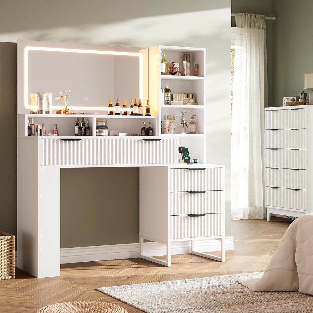 HAIOOU Fluted Makeup Vanity Desk with Mirror and Lights & Charging Statio...