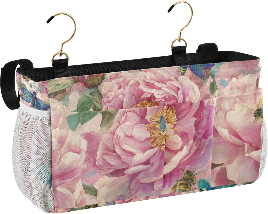 Pink Peony Bee Dragonfly Bedside Caddy for Dorm Bed Bedside Hanging Caddy Bag Iron Frame Storage Organizer Pocket for Bunk Home College Hospital Beds 2 Hooks