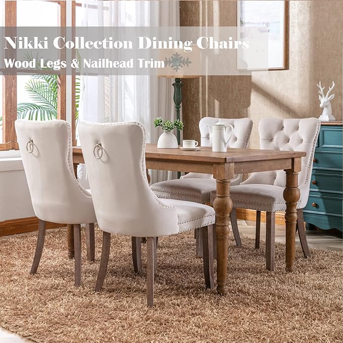 Beige Velvet Dining Chairs Set of 2, Upholstered Dining Room Chairs with Back Ring Pull Trim and Solid Wood Legs, Tufted Wingback Kitchen Chairs for Dining Room,Living Room,Kitchen(Beige)