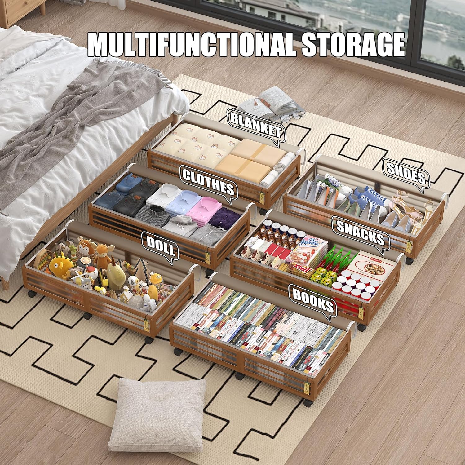 Bamboo Underbed Storage Containers with Wheels & Bag 2 Pack, Large Under Bed Rolling Storage Bins Wood Under Bed Clothes Storage Stackable Drawers for Bedroom Closet Under Crib Toy(Walnut)
