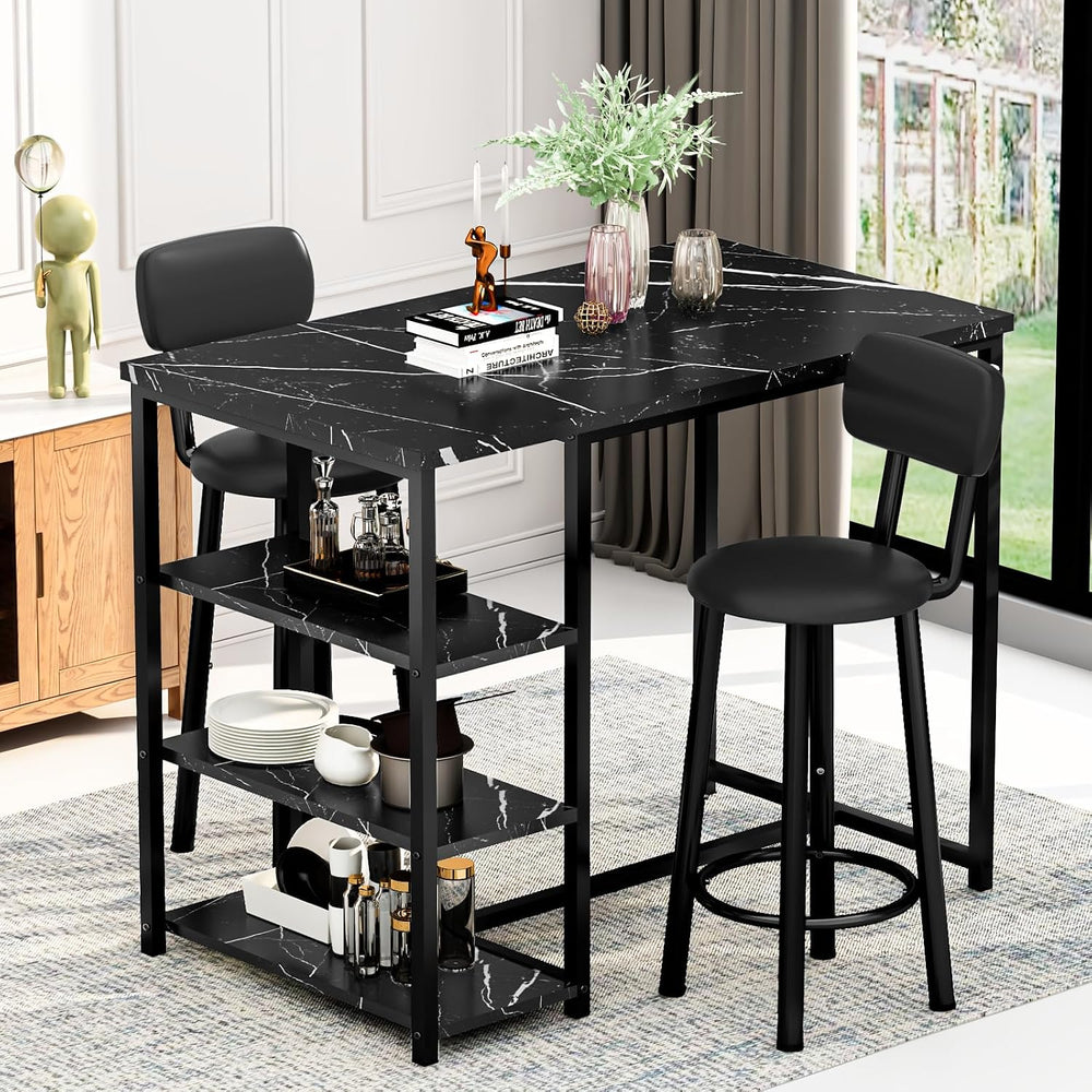 Recaceik Pub Dining Table Set for 2, Table and Bar Stools with 3 Storage Shel...