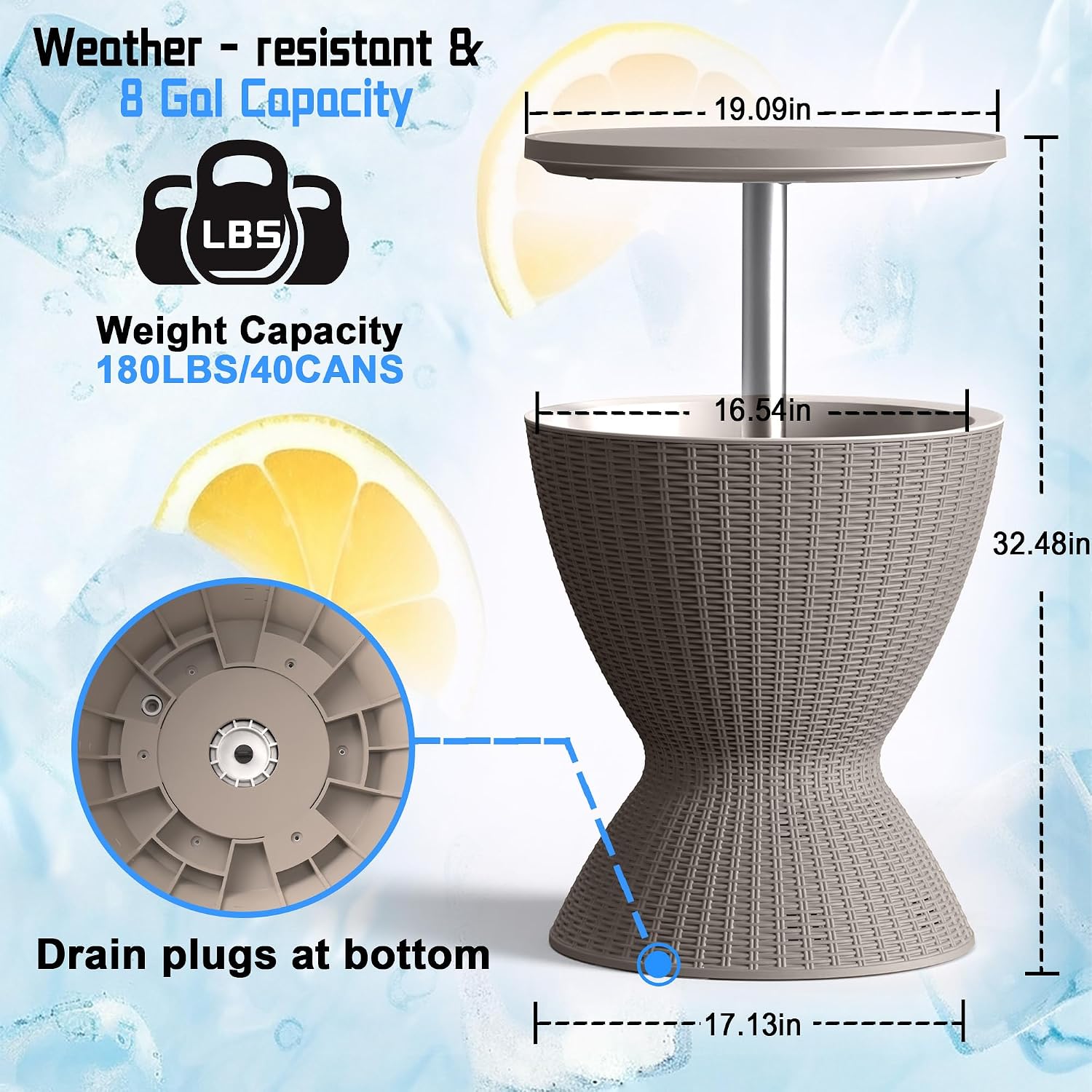 EasyUp Outdoor Cooler Bar Table – 8 Gallon Outdoor Patio Cooler Table with Drain Plug, Adjustable Height Rattan-Style Resin Cool Bar for Poolside, Deck, BBQ & Parties (Grey)