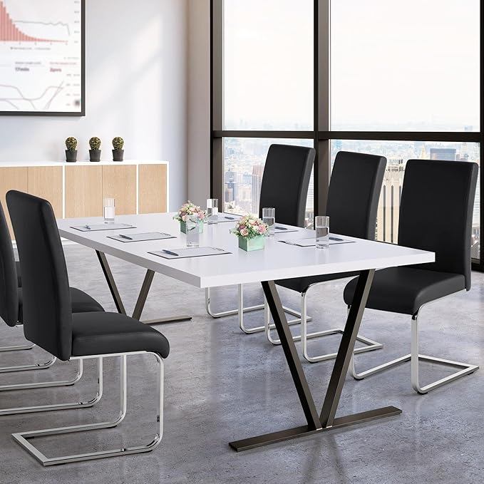 Yaheetech Dining Chairs Set of 4 Modern Faux Leather Upholstered Dining Room Chairs with High Back and Metal Chrome Legs for Kitchen/Living Room/Restaurant, Black