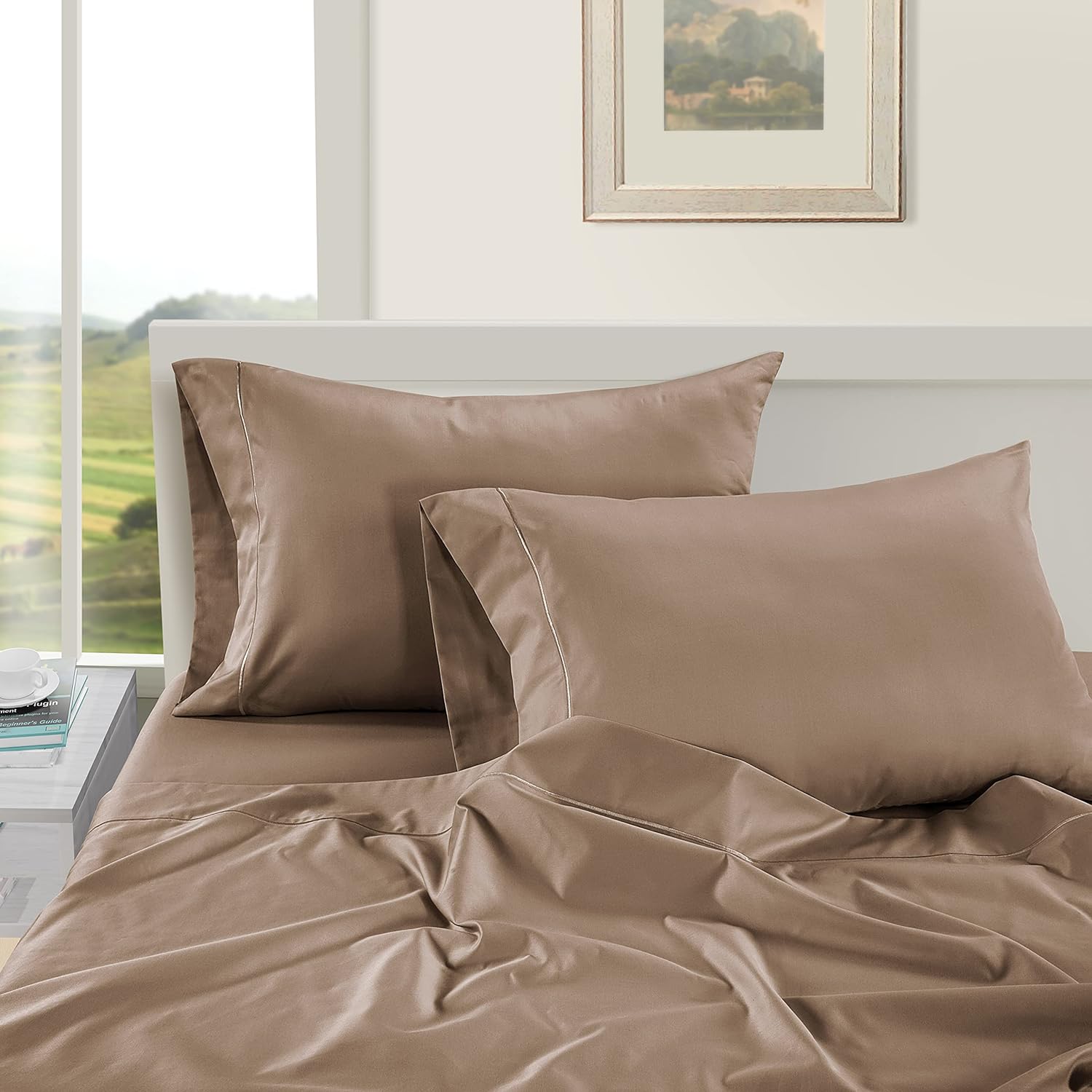 LANE LINEN Pillow Case Covers King Set of 2 100% Egyptian Cotton Sateen Soft Cool & Smooth 1000 Thread Count Cases - Taupe