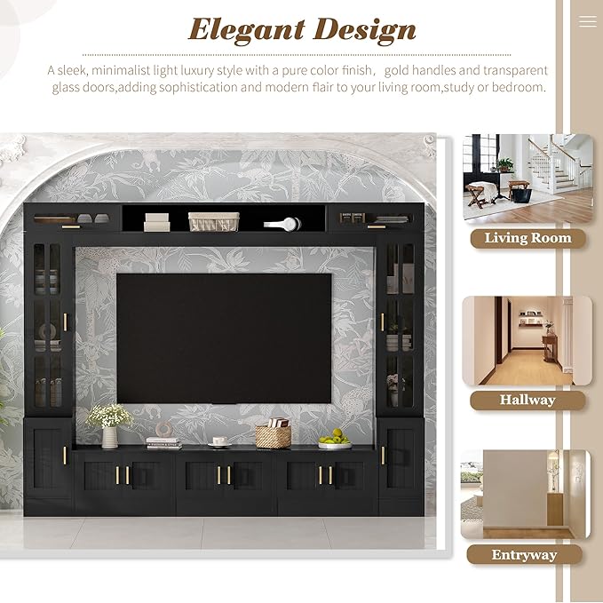 Merax 98.4" W Wall Unit Entertainment Center with Bookshelves for TVs up to 80", Modern TV Stand Media Console with Cabinets, Tempered Glass Doors and Adjustable Shelves for Living Room, Black