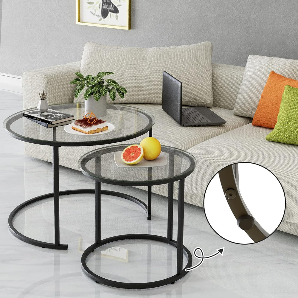 Nesting Coffee Table Set of 2,Modern Black Tempered Glass Side Table, Metal F...