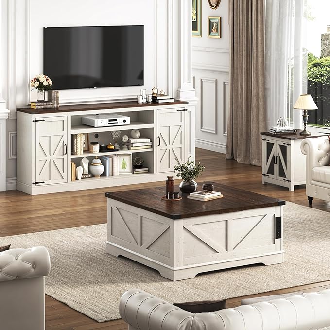 75" Farmhouse TV Stand with Power Outlets for 85 Inch TVs, 33" Tall Entertainment Center with Storage Cabinets w/Adjustable Shelves, Rustic Large TV Media Console, Rustic White