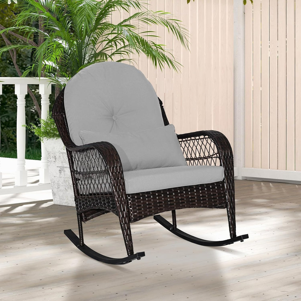 Tangkula Outdoor Wicker Rocking Chair, Patio Rattan Rocker with Seat Back Cus...