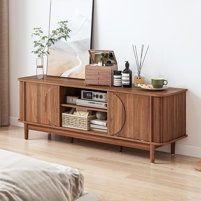Turtle&Myrtle Mid Century Modern TV Stand 60”, Wood TV Console with Storage for TVs Up to 70 inches, Fluted Sliding Doors, Entertainment Center Media Cabinet for Living Room & Bedroom (Walnut Brown)