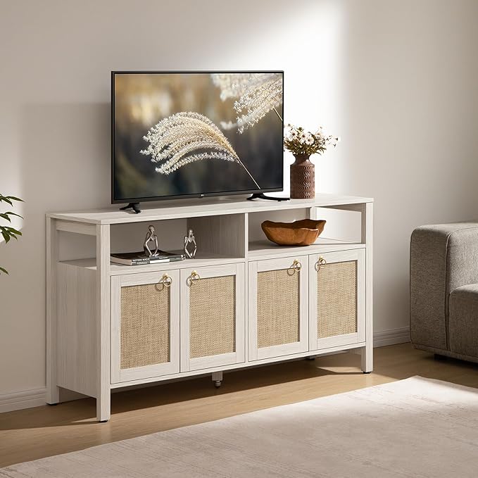 SICOTAS Rattan TV Stand for Television up to 120" - Large Entertainment Center with Storage and Open Shelves, Boho Media TV Console Cabinet with Doors and Adjustable Shelf for Living Room