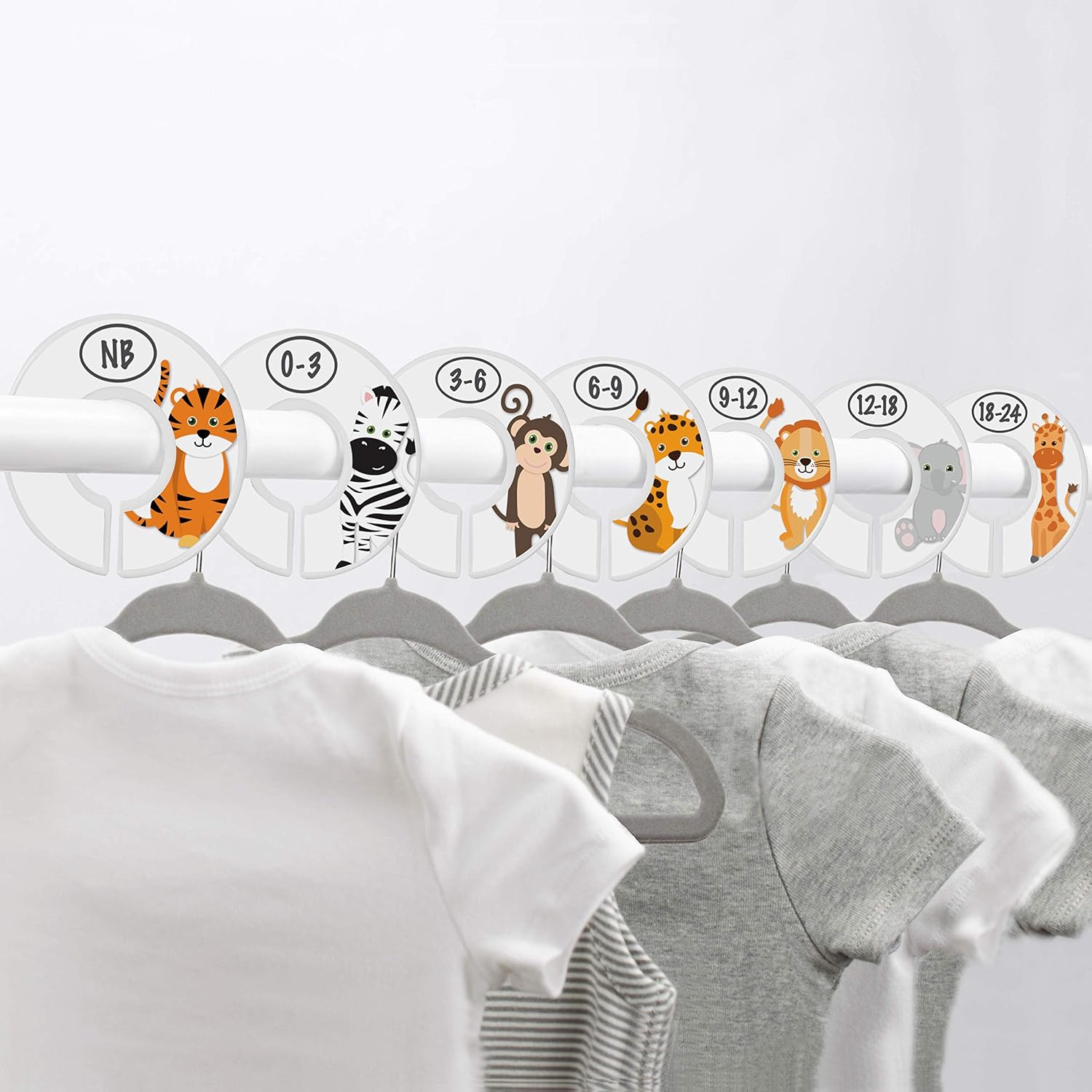 Baby Closet Size Dividers for Baby Clothes - 7X Dividers, Safari [White] | Elephant Giraffe Zebra Lion Monkey Cheetah, Nursery Closet Dividers for Baby Clothes, Nursery Decor, For Boy or Girl