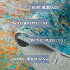 Washable Area Rugs 9'x12' Non-Slip Modern Abstract Soft for Living Room Entryway Bedroom Nursery, Print Pattern, Teal Blue Green Orange Rust Red Colorful
