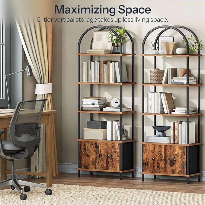 HOOBRO 5-Tier Bookshelf, Arched Bookcase with 2 Drawers, Tall Industrial Style Display Rack, Modern Standing Bookcase with Metal Frame for Office, Bedroom, Kitchen, Rustic Brown and Black BF175SJ01