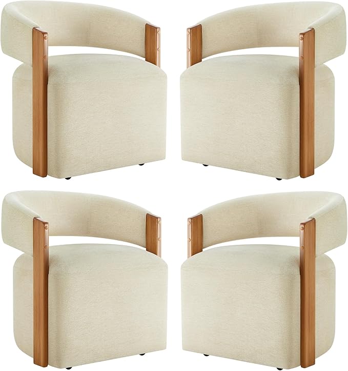 Upholstered Dining Chairs with Casters, Modern Barrel Side Armchair with Rollers & Wooden Armrest for Dining Room, Bedroom, Kitchen, Reading Room, Sand, Set of 4