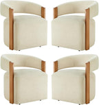 Upholstered Dining Chairs with Casters, Modern Barrel Side Armchair with Rollers & Wooden Armrest for Dining Room, Bedroom, Kitchen, Reading Room, Sand, Set of 4