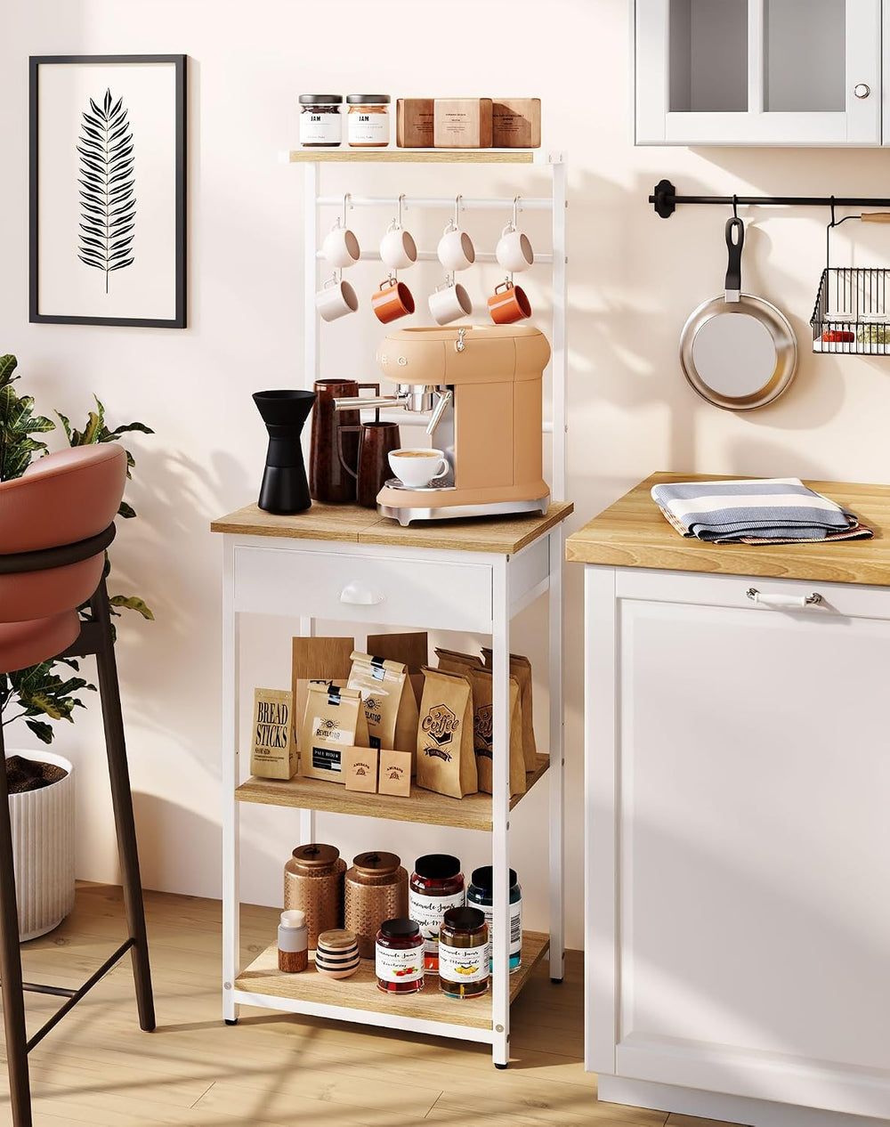 YMYNY 5 Tier Coffee Bar Station, Coffee Stand with Fabric Drawers, 8 S-Shaped...