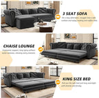 KEIKI 89" W 3-in-1 Pull-Out Convertible Chesterfield Sofa Bed, King Size Velvet Tufted Couch with Movable Ottoman, Chaise Lounge, 3-Seater for Living Room, Bedroom, Office, Gray