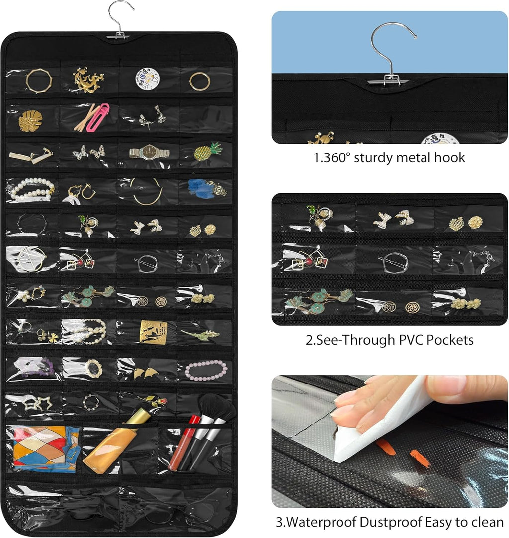 Bloss Hanging Jewelry Organizer With 90 Pockets,Earring Holder Organizer Storage For Valentine's Day Gift,Double-Sided Jewelry Holder for Earrings, Necklaces, Rings on Closet,Wall,Door(Black)