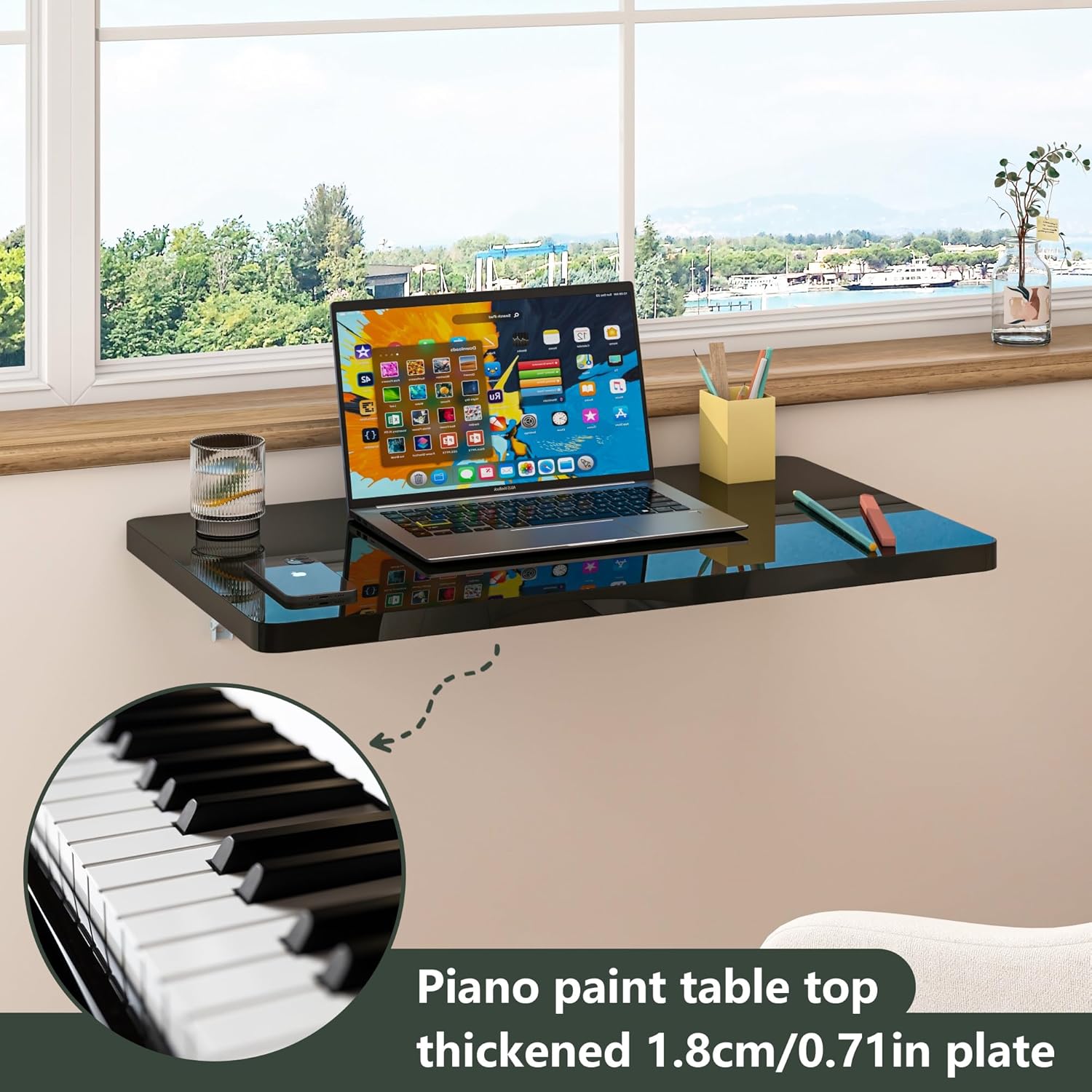 Clikuutory Black Wall Mounted High Gloss Folding Table 23.6" L x 15.7" W, Laundry Folding Table for Laundry Room, Home Office, Kitchen, Bedroom, Home Bar, Wall Desk Fold Down for Small Spaces