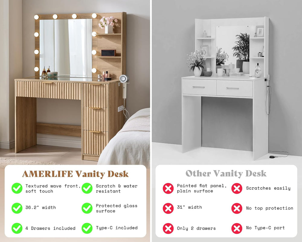 AMERLIFE 36.2" Fluted Vanity Desk with Mirror and Lights, Natural Oak | ...