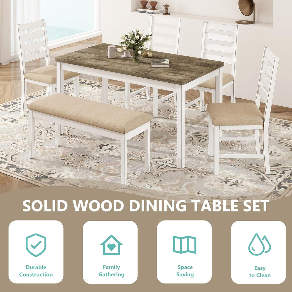 ROCSUMOO Farmhouse Dining Table Set with 4 Chairs and 1 Bench, 59" White...