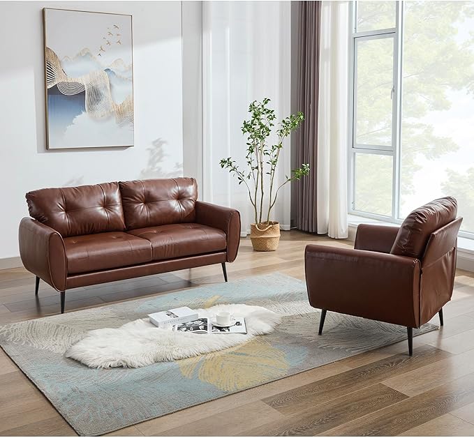 TYBOATLE Sofa Couch 61" Small Loveseat Couches for Living Room Leather Couch Mid Century Modern Tufted Mini Sofa Comfy Office 2 Seat Settee Love Seat Bedroom (2, Brown)