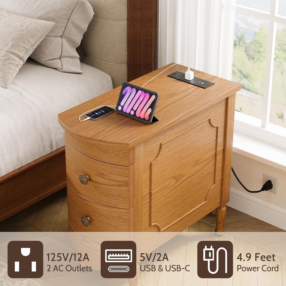 End Table Set of 2 with Charging Station, Narrow Side Table with 2 Drawer, Wo...