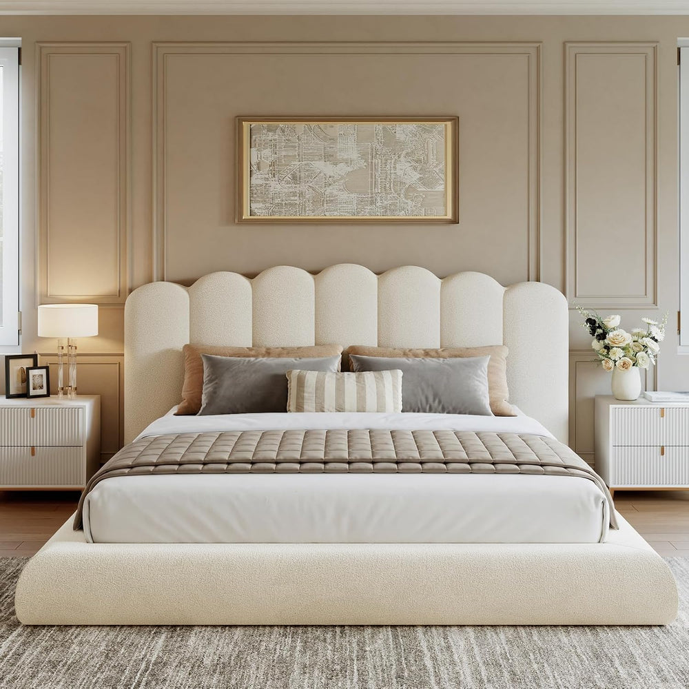 King Size Cloud Bed Frame with Wave Headboard, Upholstered Platform Bed with ...