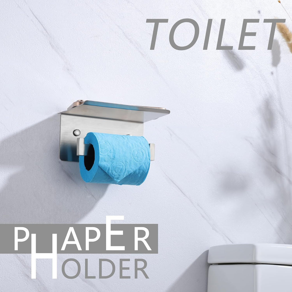 LANC Toilet Paper Holder with Shelf Brushed Nickel Toilet Tissue Roll Holder with Shelf for Bathroom Wall Mounted or Self-Adhesive Toilet Paper Roll Holder Stainless Steel, Left Rod, A8367BN-LF