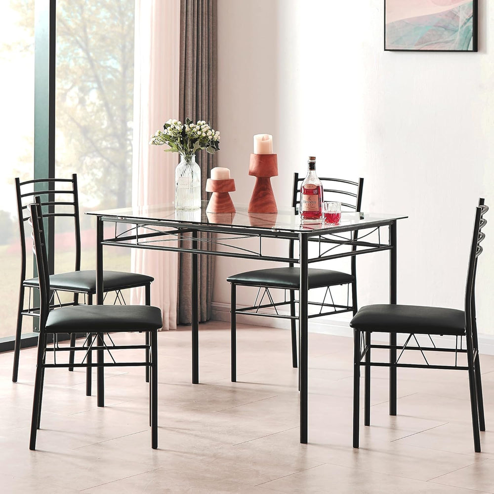 VECELO Kitchen Dining Table and Chairs Set for 4, Padded Seat & Glasses T...