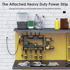 CCCEI Modular Power Tool Organizer Wall Mount Charging Station, Black 6 Drills Holder with 8 Plug Power Strip 10FT, Garage Drill Battery Heavy Duty Metal Shelf, Utility Rack with Hooks, Side Storage.