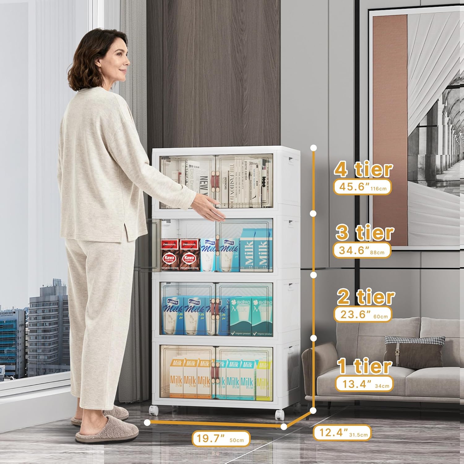 Extra Large Stackable Storage Bins with Lids & Wheels & Door, 416QT-52QT/13GAL*8Pack Foldable Collapsible Closet Organizers, Plastic containers drawers for bedroom Dorm