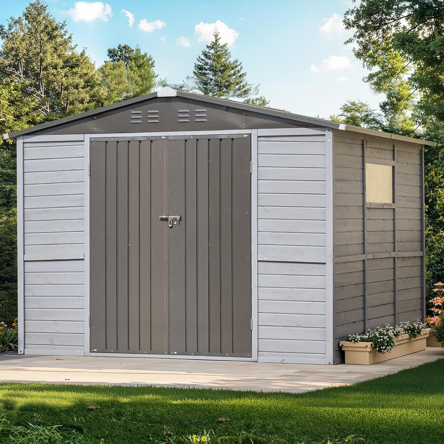 Shed 8' x 8' Storage Shed, 8 x 8 FT Wood Sheds & Outdoor Storage Clearance, Utility and Tool Garden Shed, Waterproof Storage Shed Large with Lockable Doors for Backyard, Patio, Outside Use (Gray)