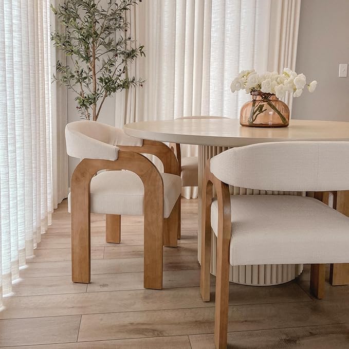 Farmhouse Dining Chairs Set of 4 - Upholstered Armchairs with Linen Cushions & Curved Wooden Arms, Barrel Wood Kitchen Chairs for Dining Room/Cafe/Kitchen Island (Oatmeal Beige)