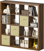 Bookshelf with Storage Bins, 16-Cube Storage Organizer Sturdy Wooden Cube Bookcase Horizontal Bookshelf with Storage, Furniture for Living Room Bedroom Office, Classic Oak