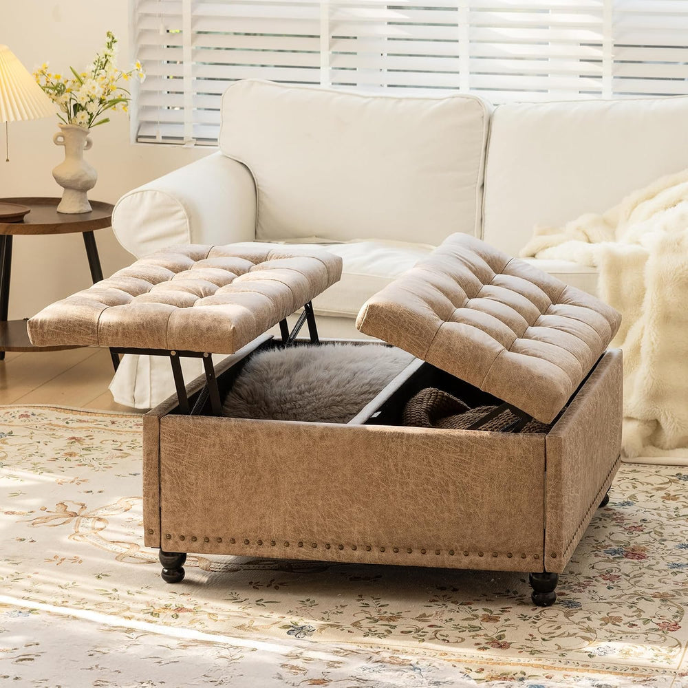 Redlife 35 Inch Large Square Storage Ottoman, Coffee Table Ottoman, Faux | Li...