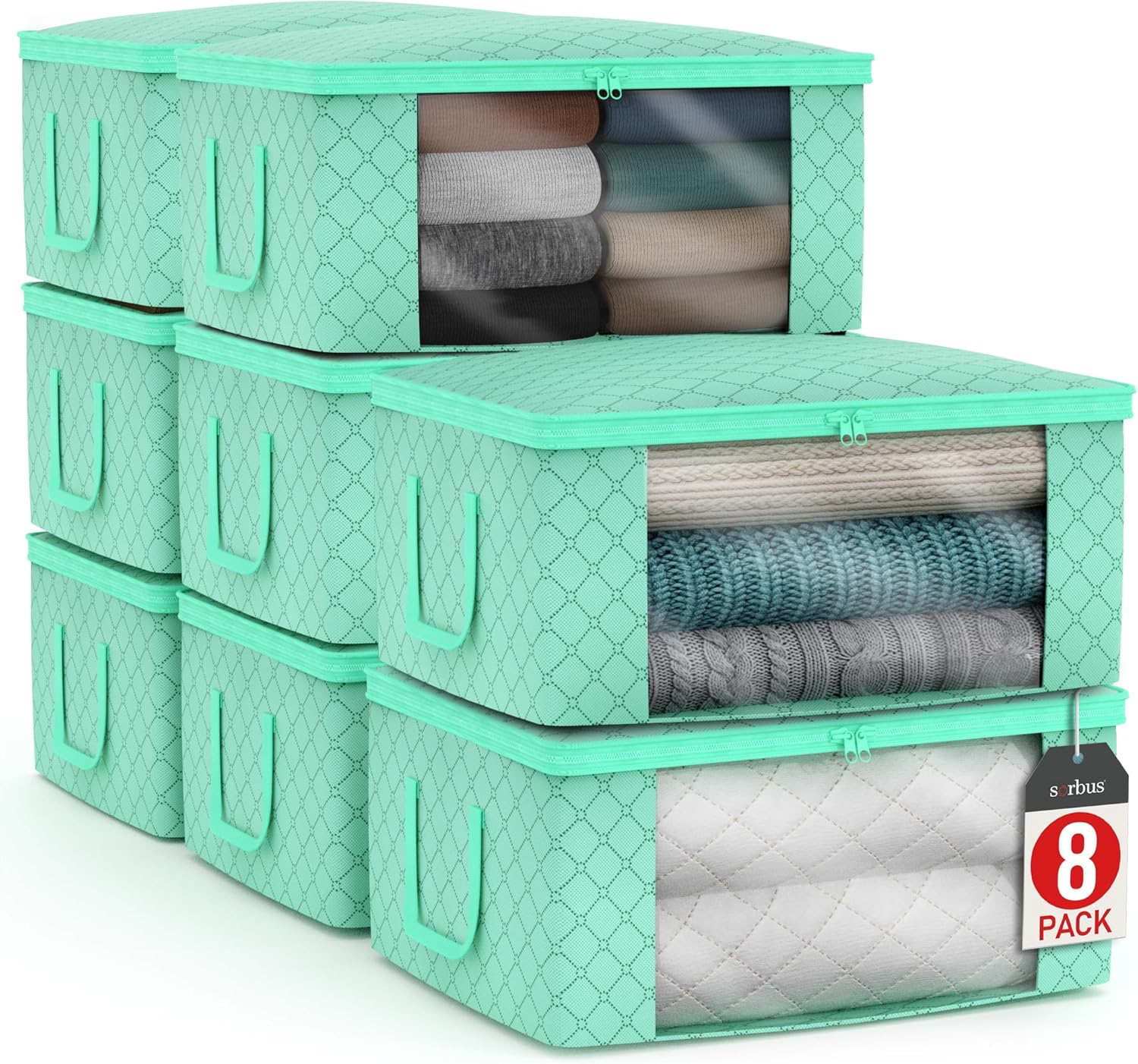 Sorbus Medium Clothes Storage Bags - Foldable Blanket Storage Bins for Organizing Bedroom, Closet, Clothing, Comforter, Organization with Clear Window, Lids and Carry Handles - Set of 8