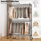 BATHWA Heavy Duty Garment Rack on Wheels, Rolling Clothes Racks for hanging clothes, Simple Sturdy Wardrobe Rack with Double Hanging Rods, 8 Side Hangers, Gray