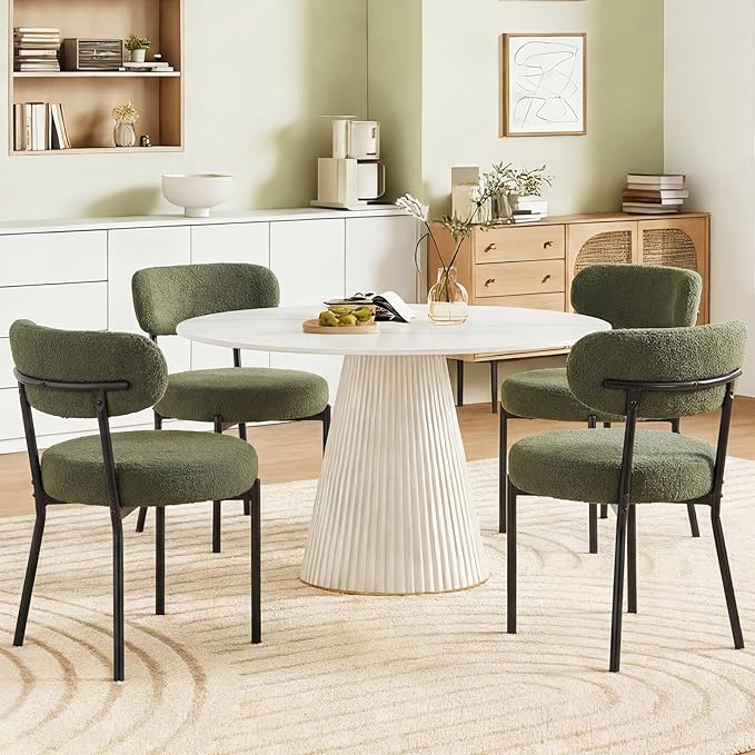 DUMOS Dining Chairs Set of 6, Mid Century Modern Chair Round Upholstered Curved Backrest, Kitchen Vanity Living Room Chairs with Black Metal Legs, Green