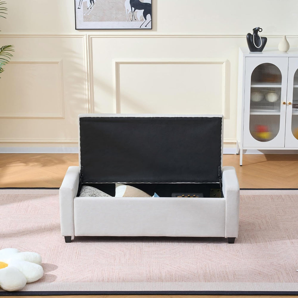 48" Storage Bedroom Bench for End of Bed, Faux Linen Upholstered Storage...
