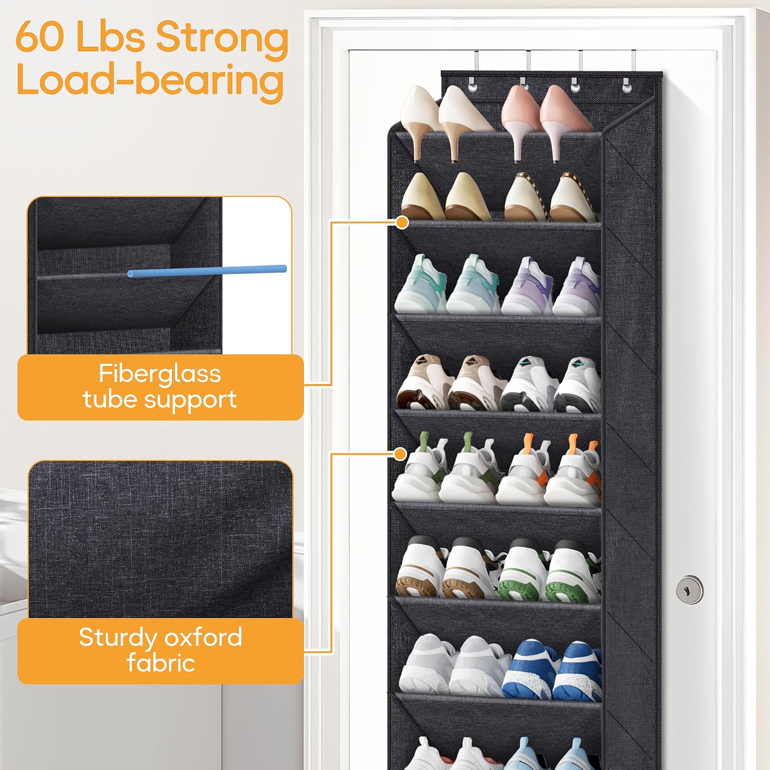 10 Tier Over the Door Shoe Organizer with Large Pockets, Hanging Shoe Rack for Closet Door Storage, Fits 20 Pairs of Sneakers Boots Hanger Holder, Black