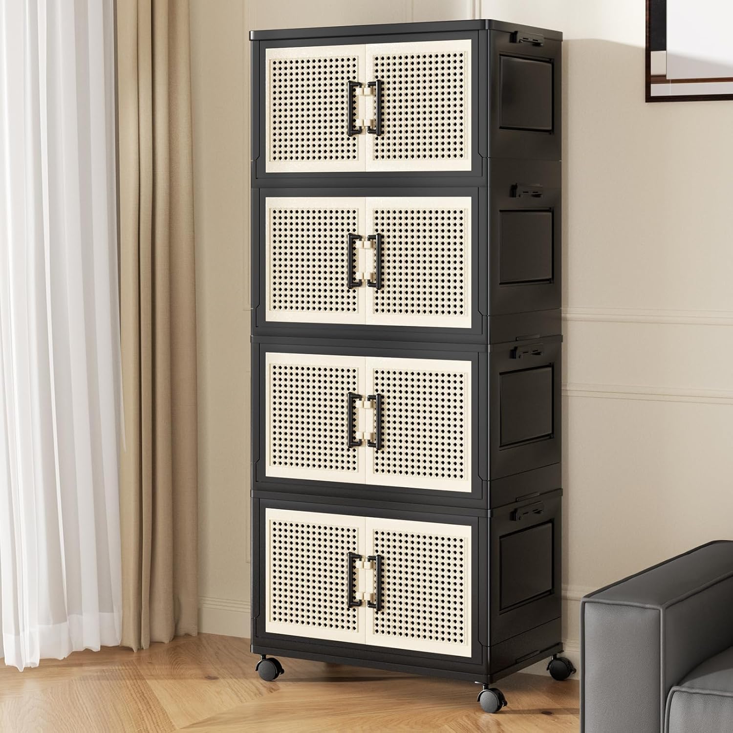 Stackable Storage Bins with Lids,Collapsible Plastic Storage Box Closet Organizers and Storage with Wheels and Magnetic Door for Home Office Dorm (4 Pack)