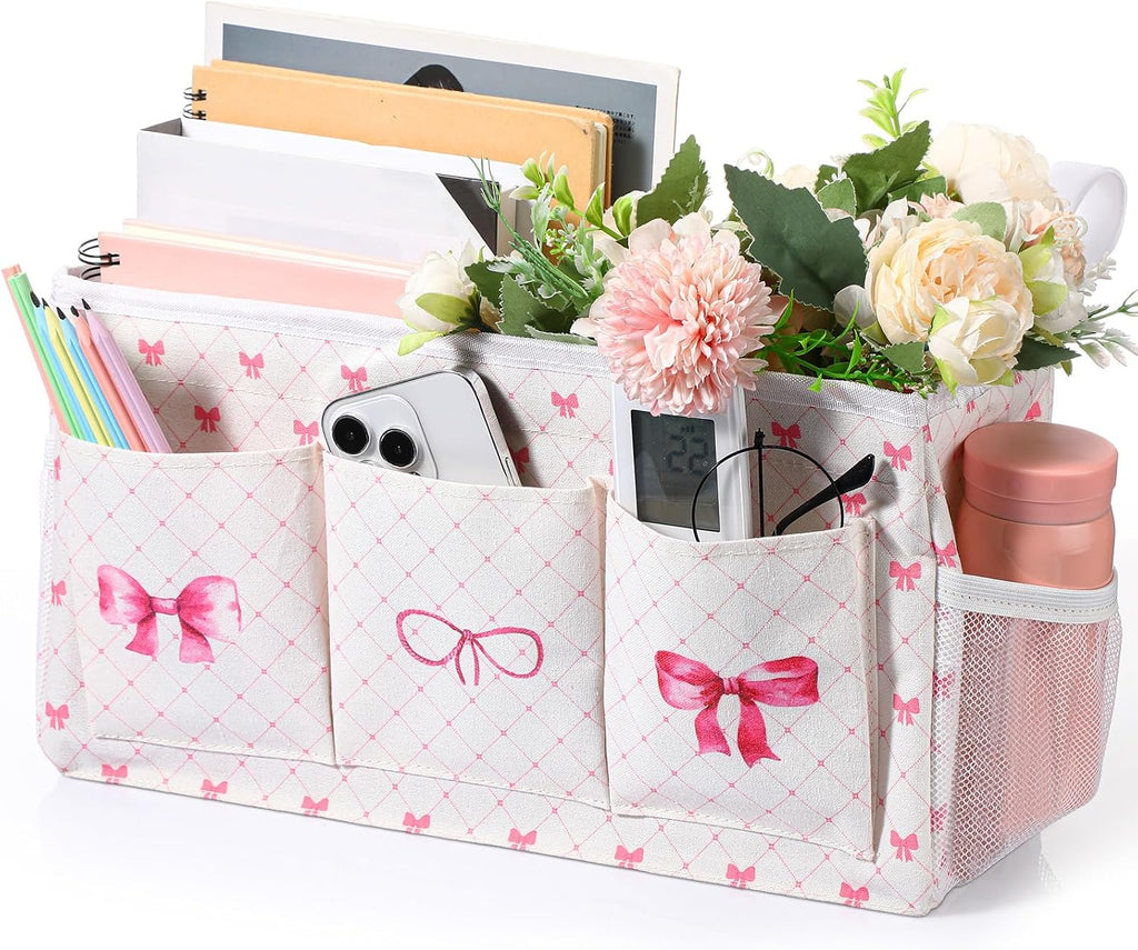 Pink Bow Bedside Caddy, Cute Bow Bedside Organizer, Pink Coquette Aesthetic Hanging Storage Caddy Bag with Fixed Strap and Water Bottle Holder for Home, College, Dorm, Bunk, Hospital, Bed Rail