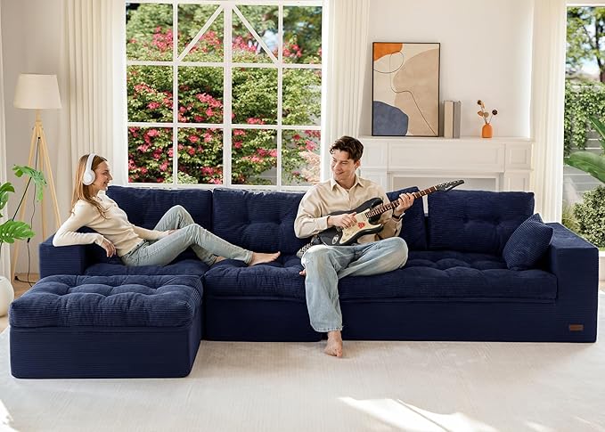 MAXYOYO 132" L Shaped Modular Sectional Sofa with Ottoman, Cloud Boneless Couch with Layered Cushion, Upholstered Sofa in a Box, Flexible Module Combination for Living Room, No Assembly, Navy