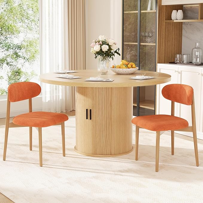 Wooden Dining Chair Set of 2, Modern Dining Chairs with with Curved Back, Fabric Upholstered Kitchen Dining Room Chairs with Adjustable Legs for Farmhouse Dining Living Room,Orange
