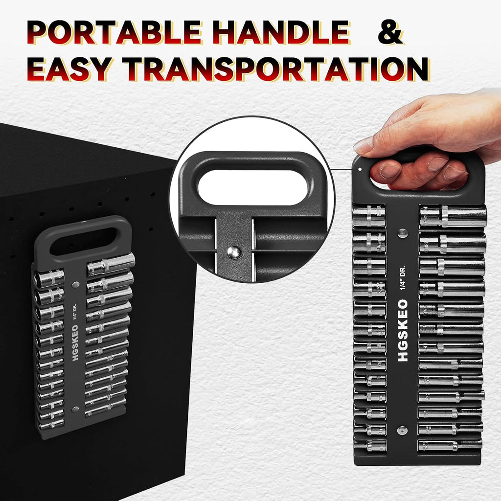 Magnetic Socket Holder Set with Handle, Portable Socket Organizer, Heavy Duty Socket Racks (Black, 1/4" Drive)