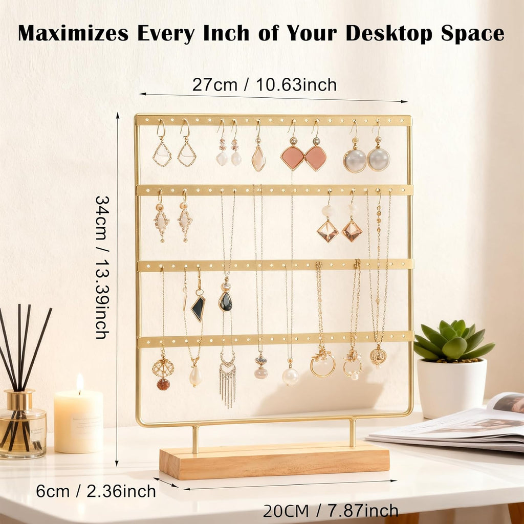 Earring Organizer Stand for Women, 4 Tier Tall Jewelry Holder Organizer Rack, Tabletop Display Rack Multiple Pierced Earrings, Wood and Iron Hanging Jewelry Organizer, Gold Jewelry Storage