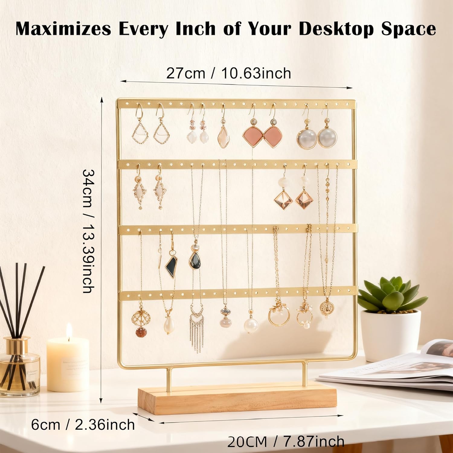 Earring Organizer Stand for Women, 4 Tier Tall Jewelry Holder Organizer Rack, Tabletop Display Rack Multiple Pierced Earrings, Wood and Iron Hanging Jewelry Organizer, Gold Jewelry Storage