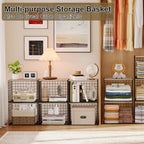 4PCS Wider Closet Organizers and Storage, Stackable Closet Shelf Organizer Storage Bins with Wood Top for Sweaters Jeans, Clothes Organizer Shelves for Wardrobe System Rack, Space-Saving,Sturdy Metal